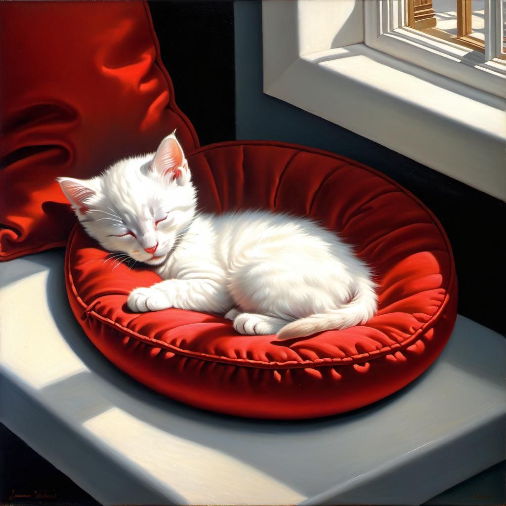 Adorable Kitten Sleeping in Sunbeam: Oil Painting