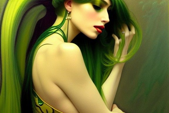 Green-Haired Bride in Art Nouveau Oil Painting