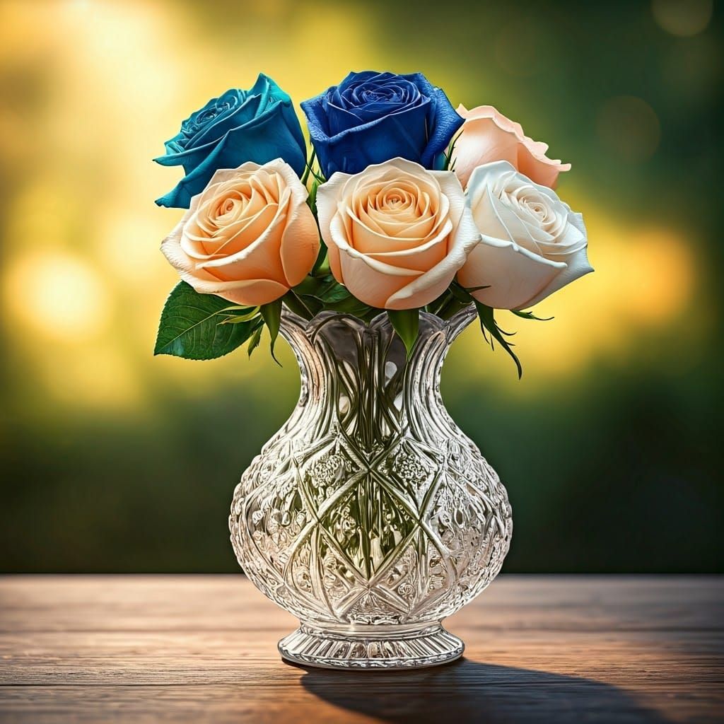 Luminous Roses Emerge from an Antique Crystal Vase