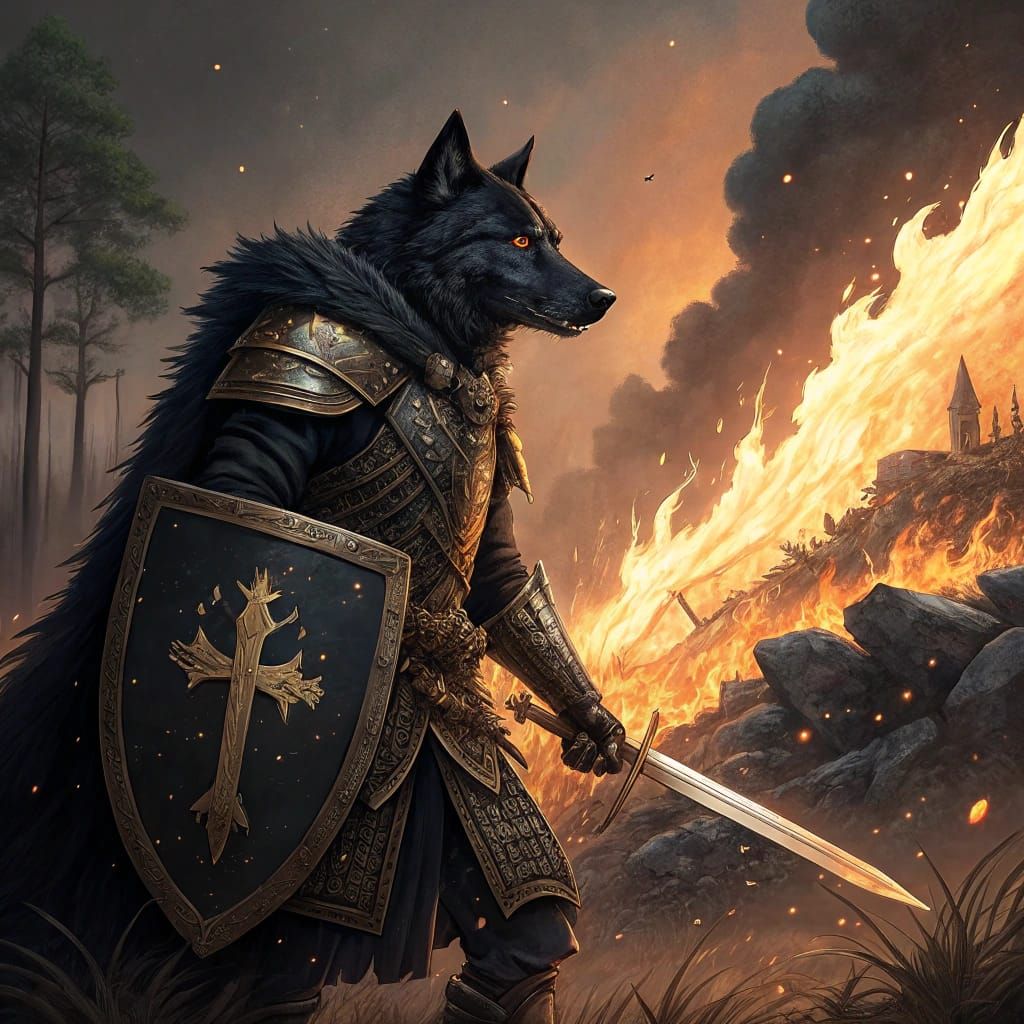 Majestic Black Wolf in Heroic Armor with Flaming Sword and D...