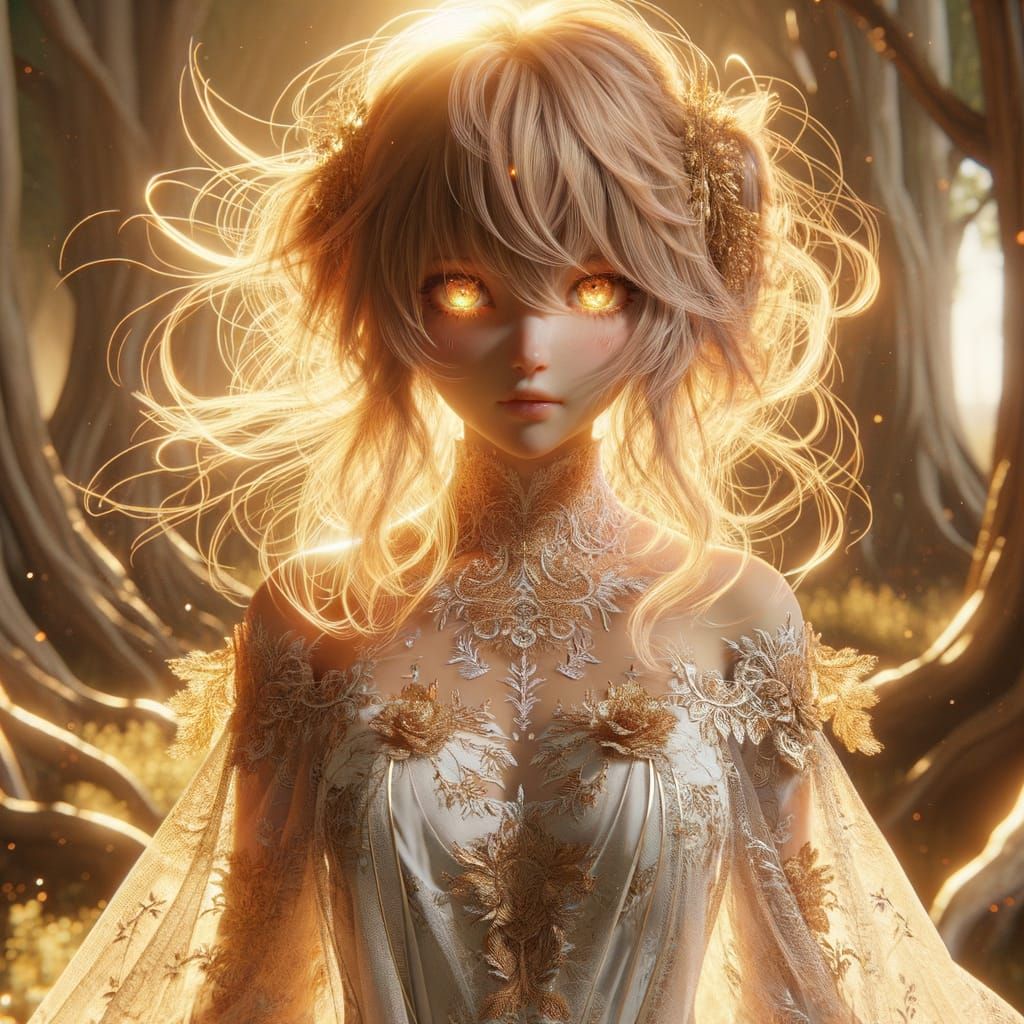 Ethereal Girl with Golden Hair in Fantasy Forest