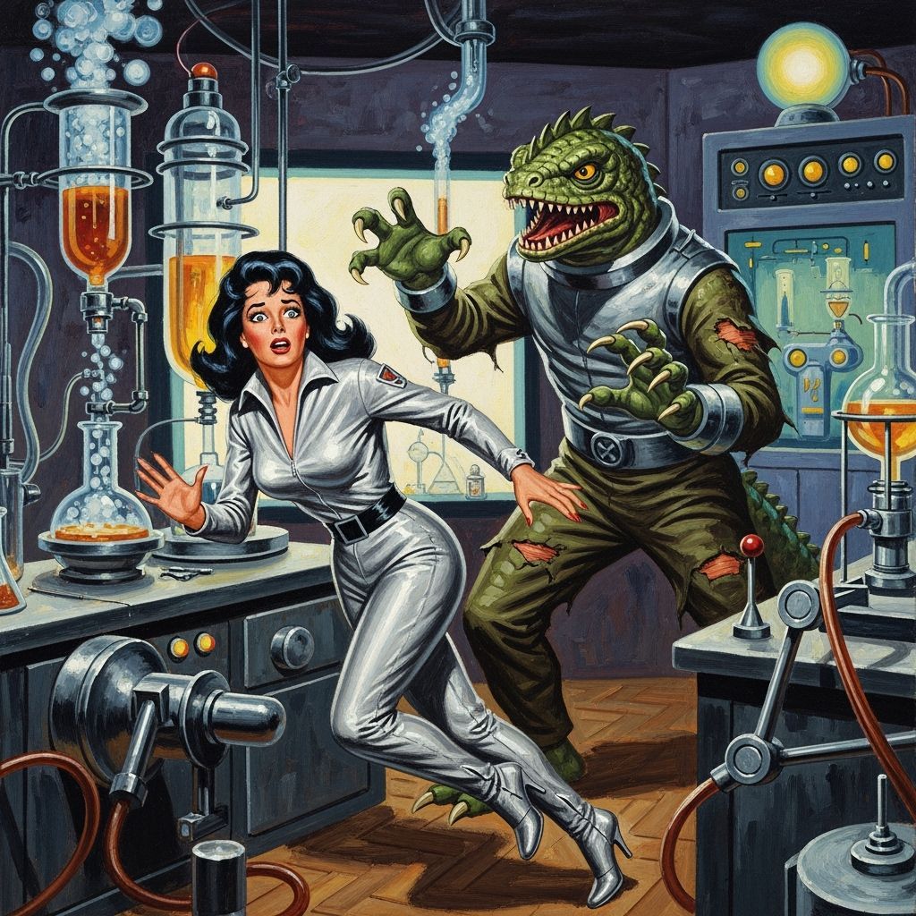 Fleeing the Lizard Creature: Sci-Fi Oil Painting