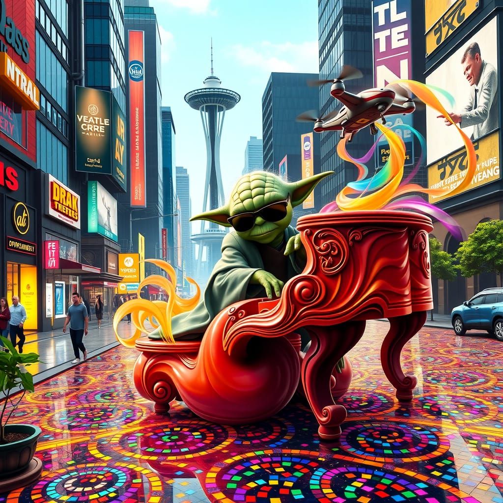 Yoda Plays Piano in Futuristic City, Magical Realism