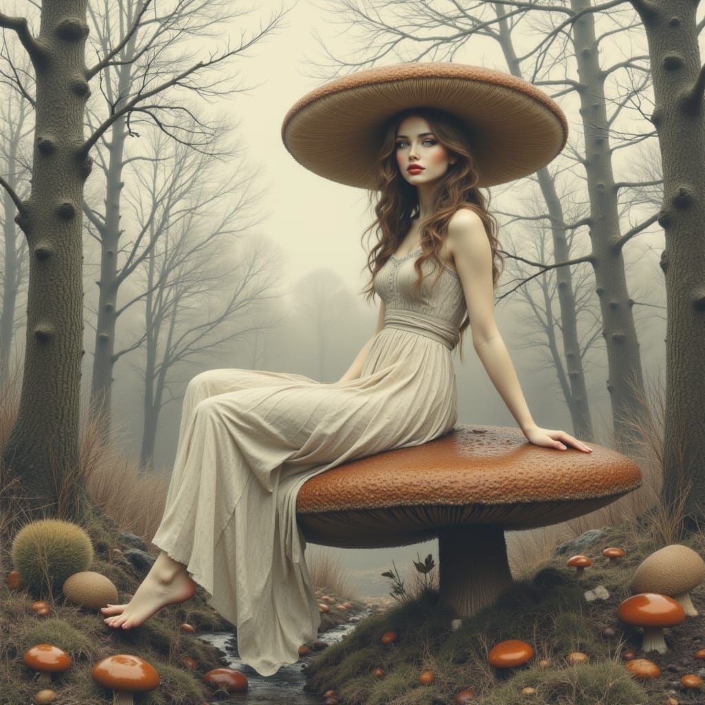 Ethereal Woman on Mushroom, Color Pencil Sketch