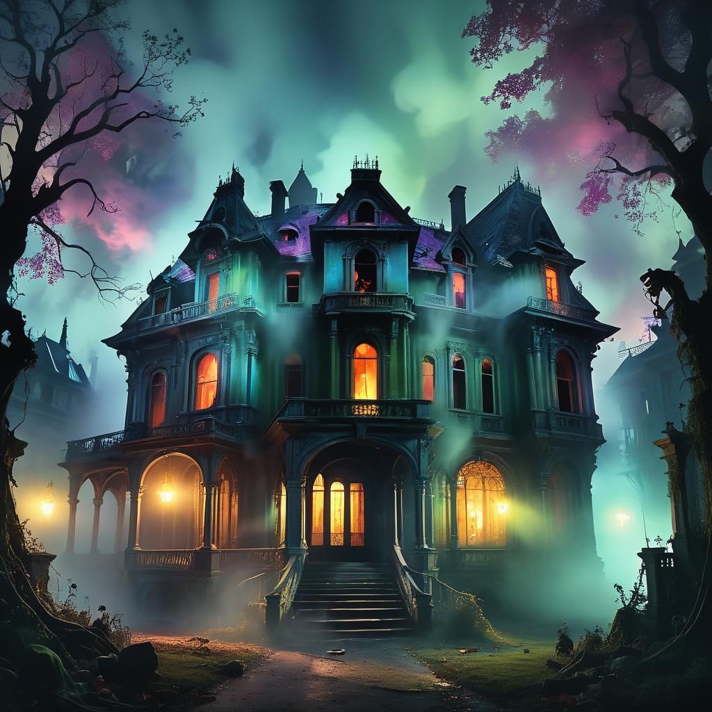 Eerie Abandoned Mansion with Ghouls in Cinematic Style