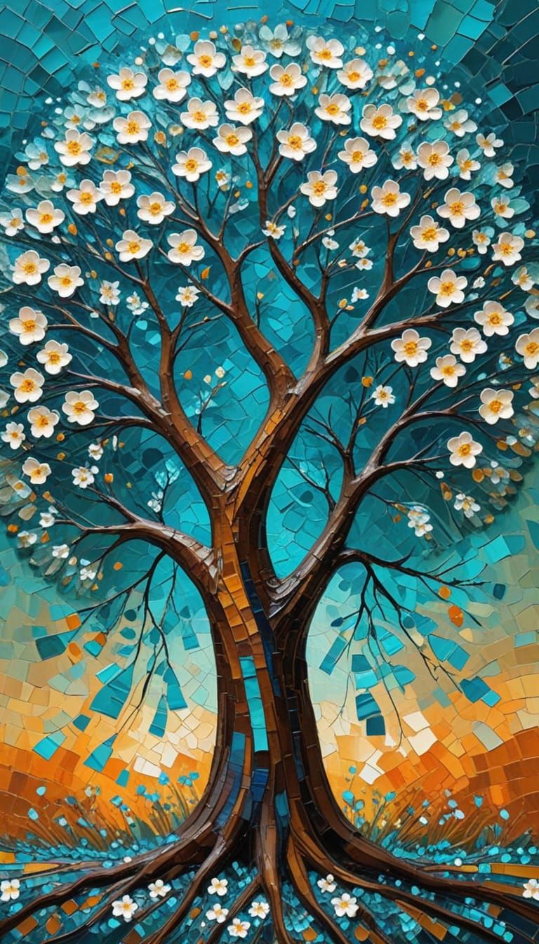 Blossoming Tree: Vibrant Impasto Painting with Textured Styl...