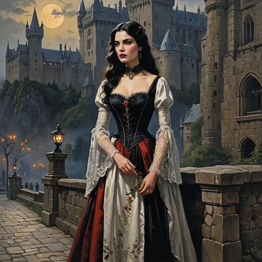 Mina Murray at Dracula's Castle: Oil Painting