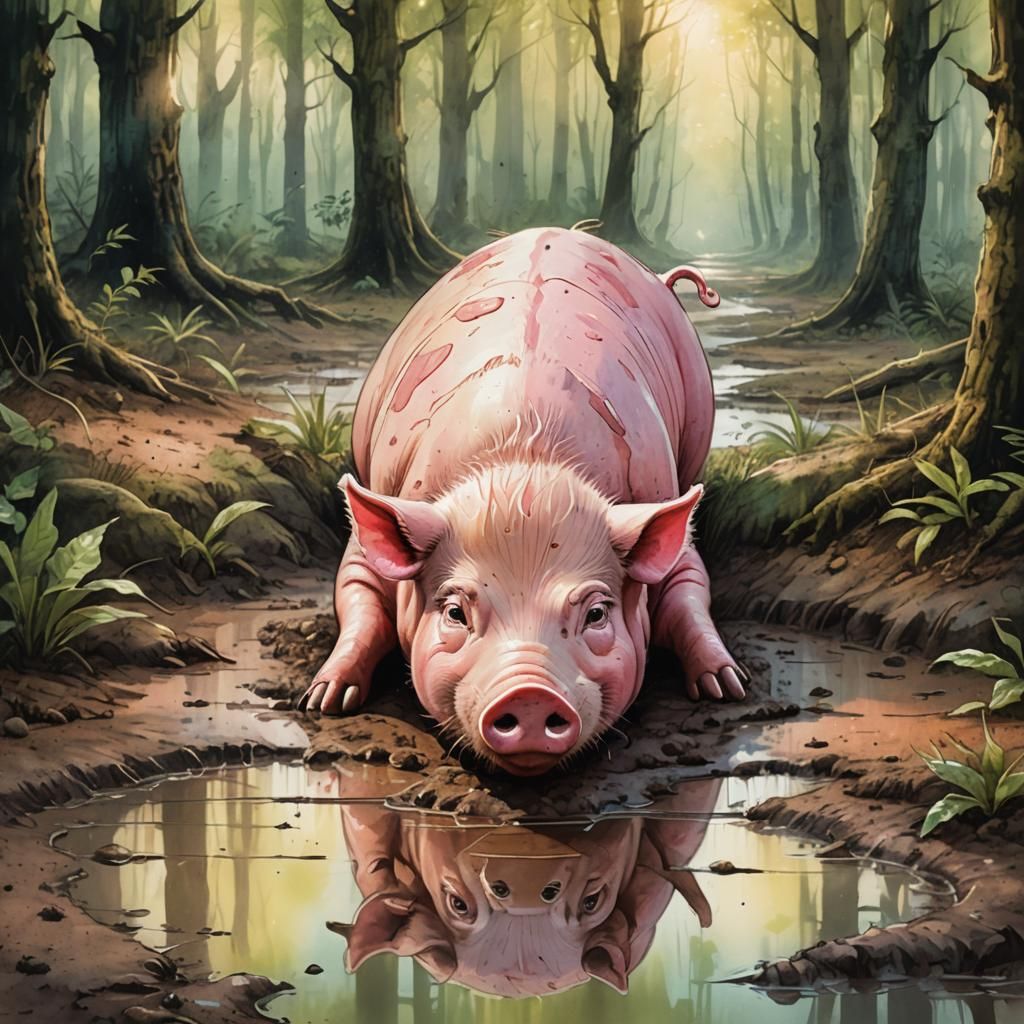 Happy Pink Pig in Mud Puddle, Watercolor Illustration
