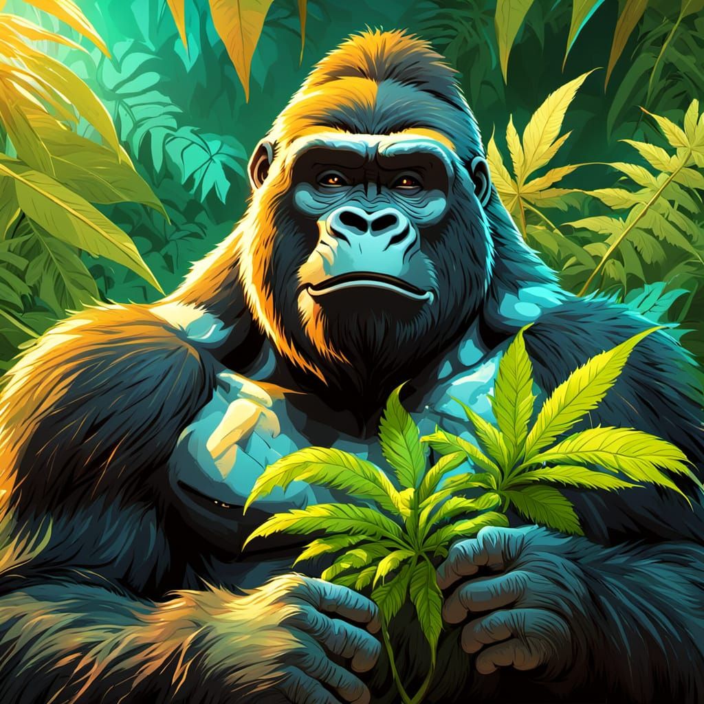 Friendly Gorilla Mascot Holding Giant Marijuana Plant in Jun...