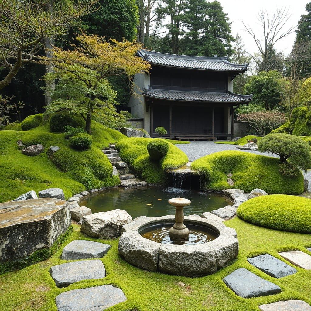 Zen Garden with Shishi-odoshi Fountain, Japanese Design