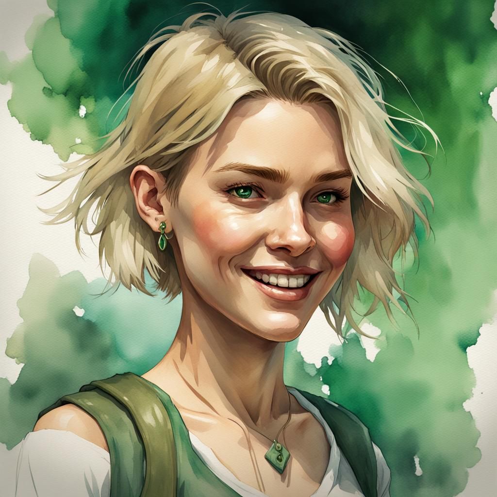 Confident Blonde Woman with Piercing Gaze, Watercolor Portra...