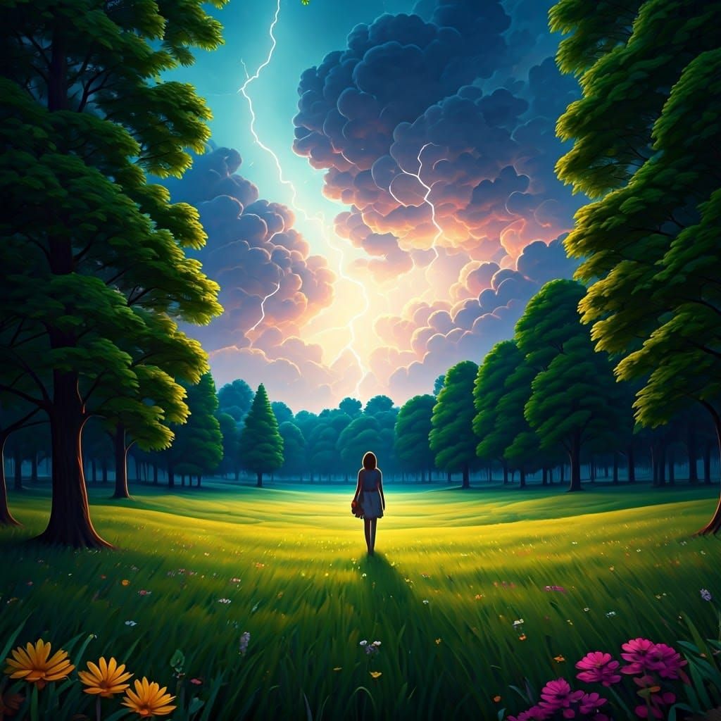 Dreamlike Fractals in Whimsical Park at Stormy Summer Night