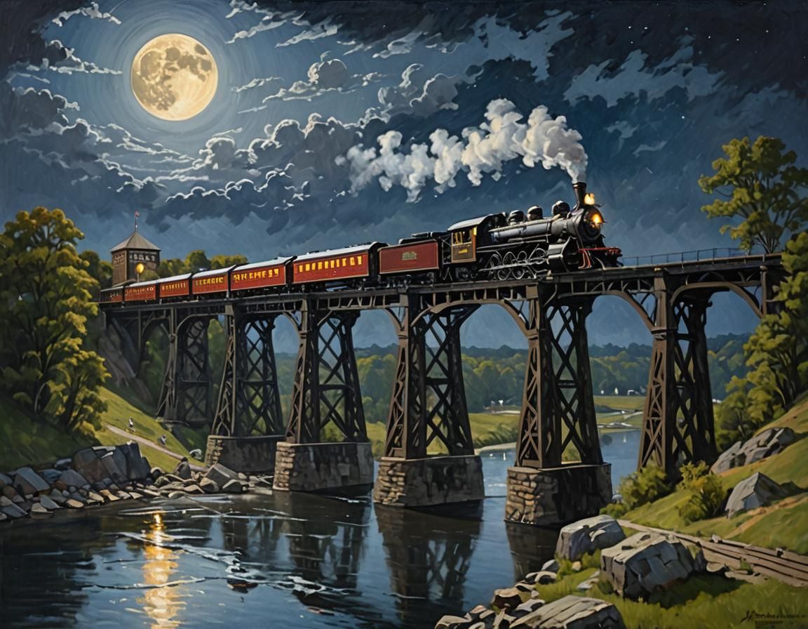 Steam Train on Kate Shelley Bridge: Oil Painting