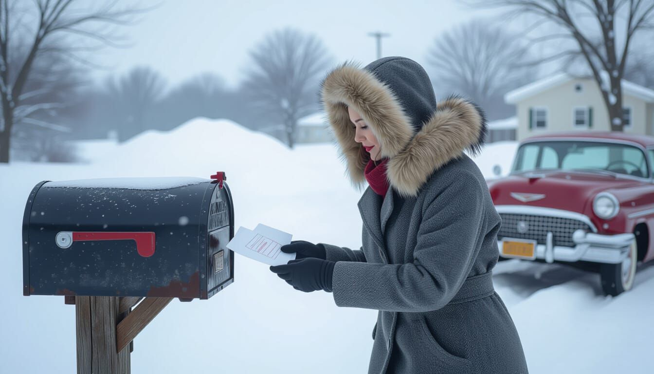 1950s Midwest Winter Scene: Woman Mails Letter