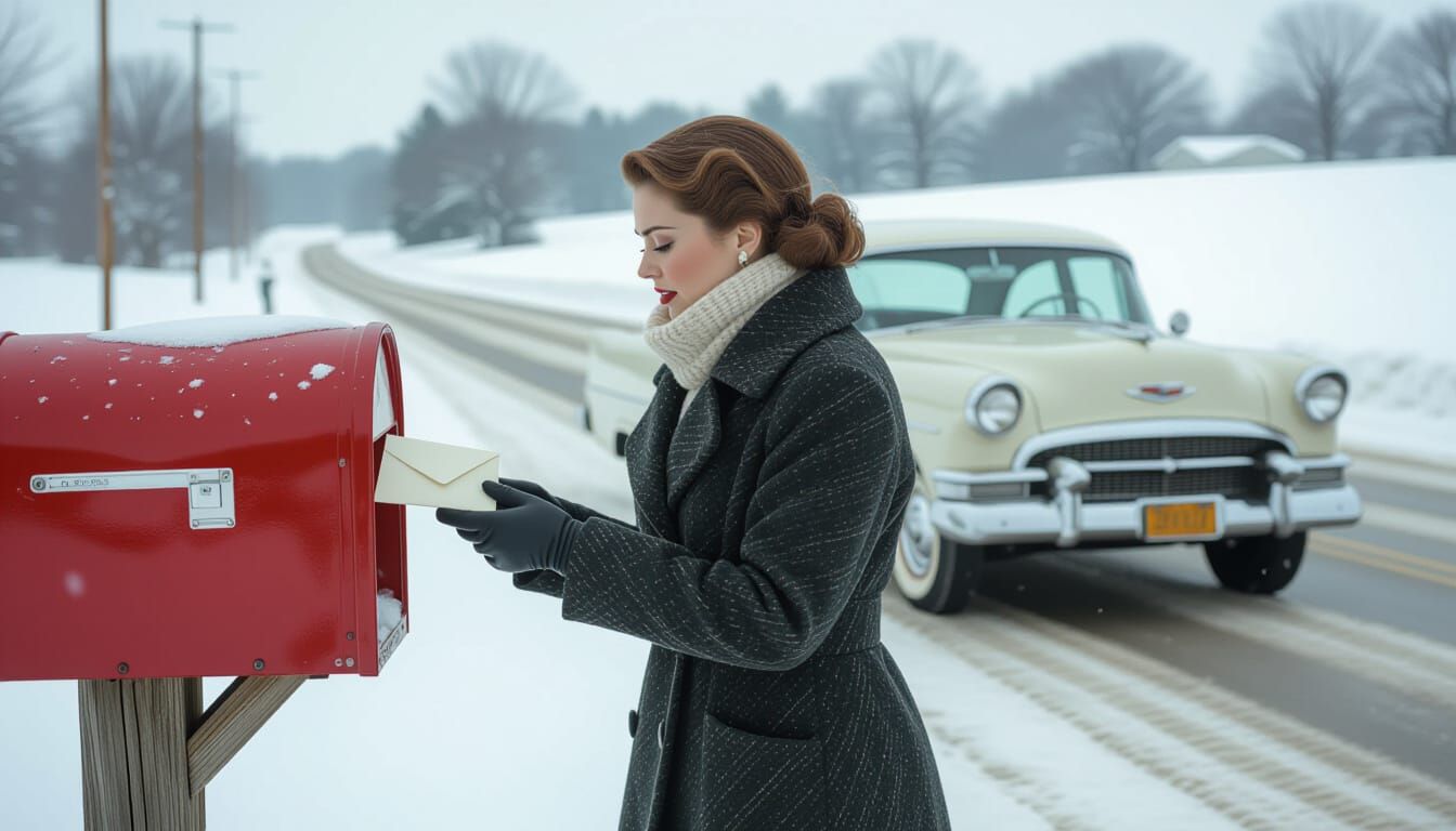 1950s Midwest Winter Scene: Woman Mailing Letter in Snowstor...
