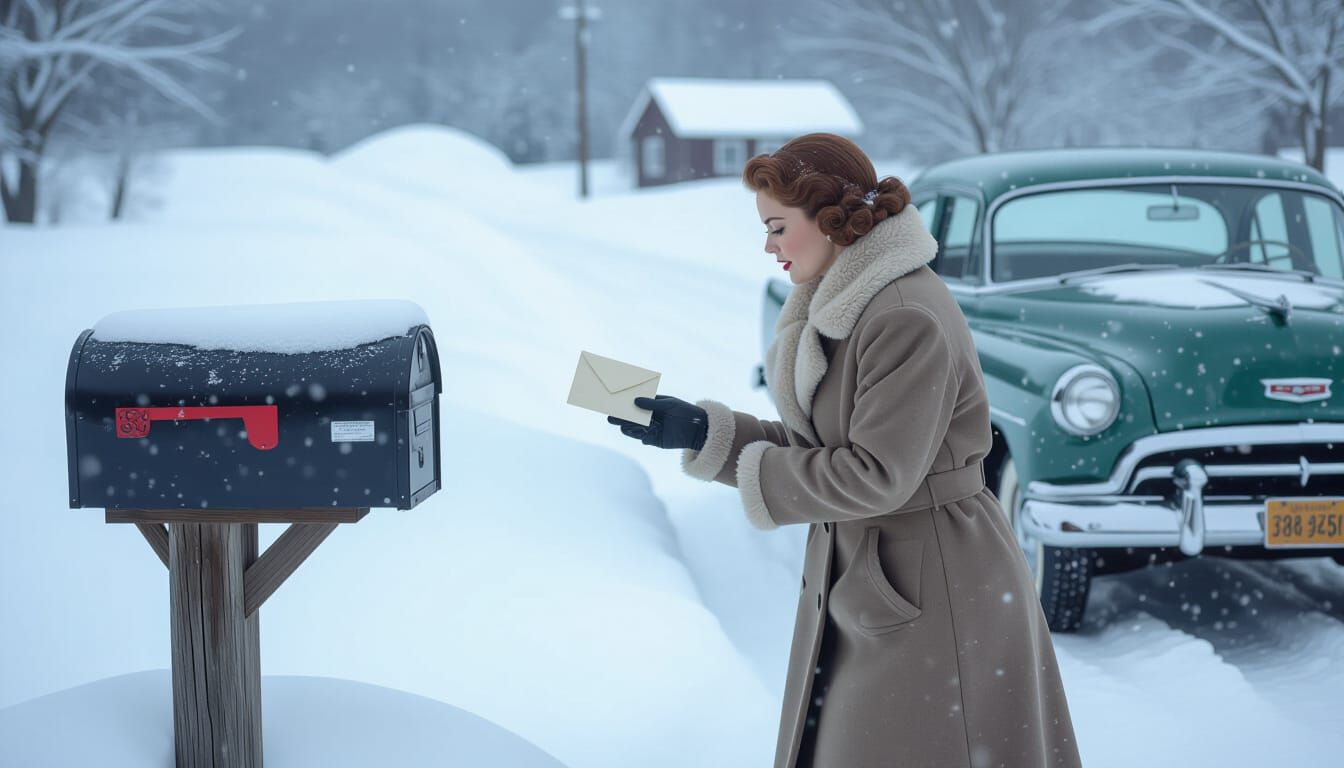 1950s Midwest Winter Scene: Woman Mails Letter in Snowstorm