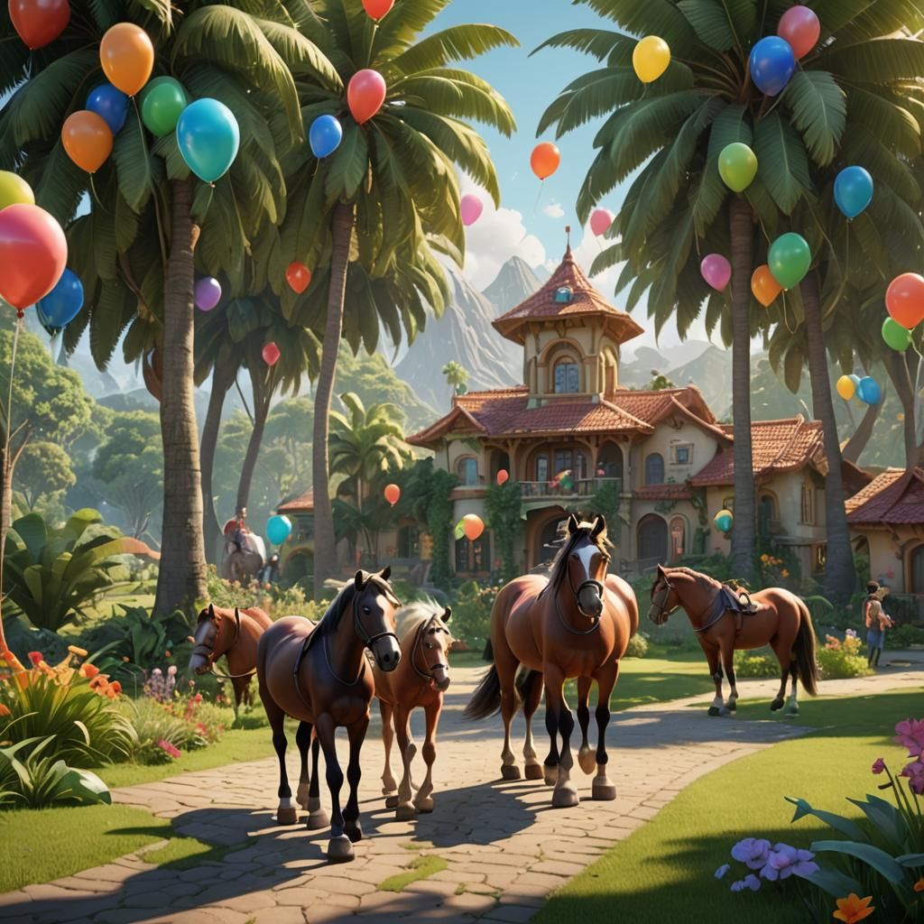 Sun-Drenched Children's Home with Horses, 3D Render