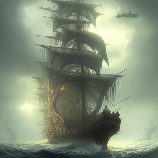 Eerie Pirate Ghost Ship, Detailed Matte Painting