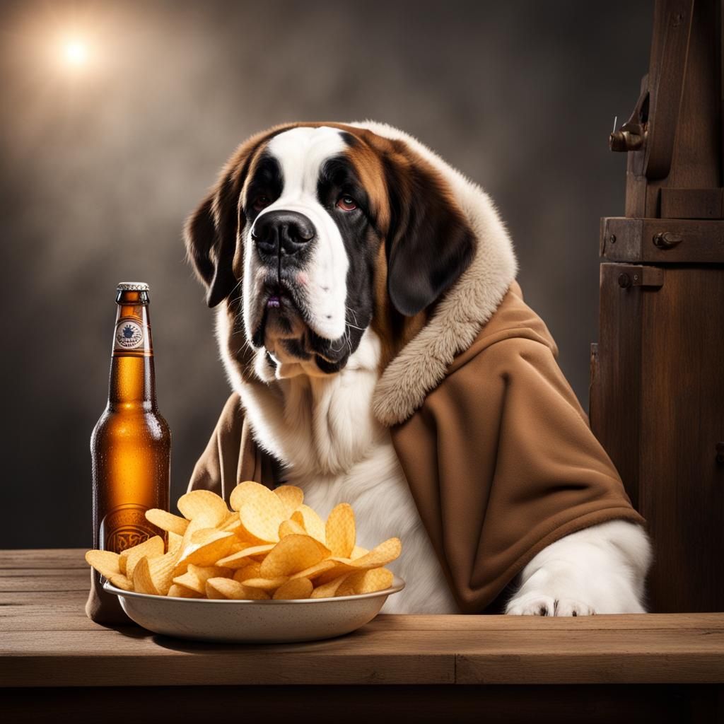 Saint Bernard Dog Enjoys Beer and Chips on Horseback