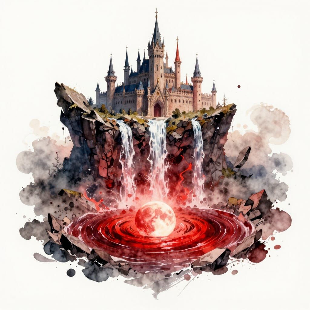 Fantasy Palace Above Crimson Whirlpool Under Blood Moon