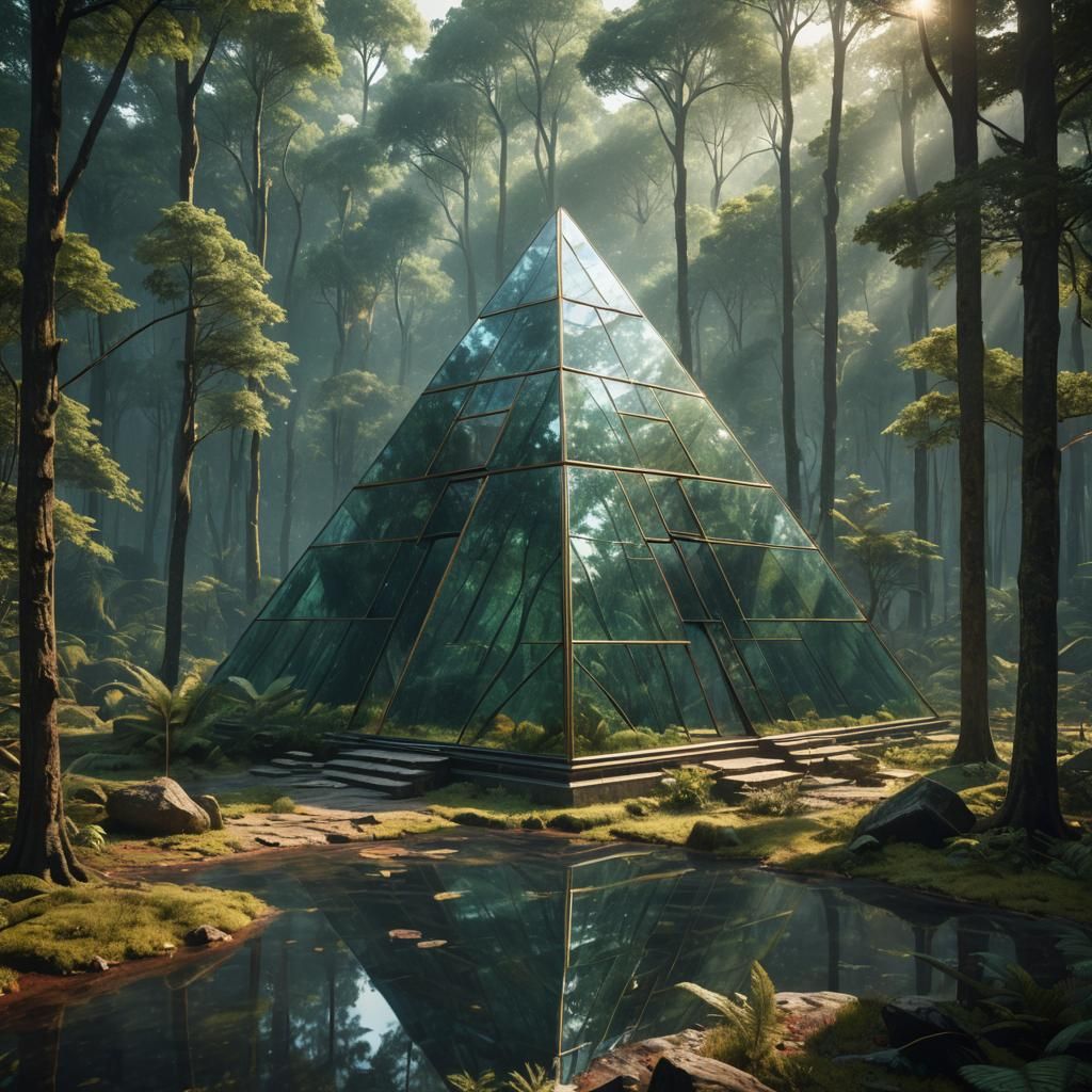 Postmodern Glass Pyramid in Forest: Fantasy Concept Art