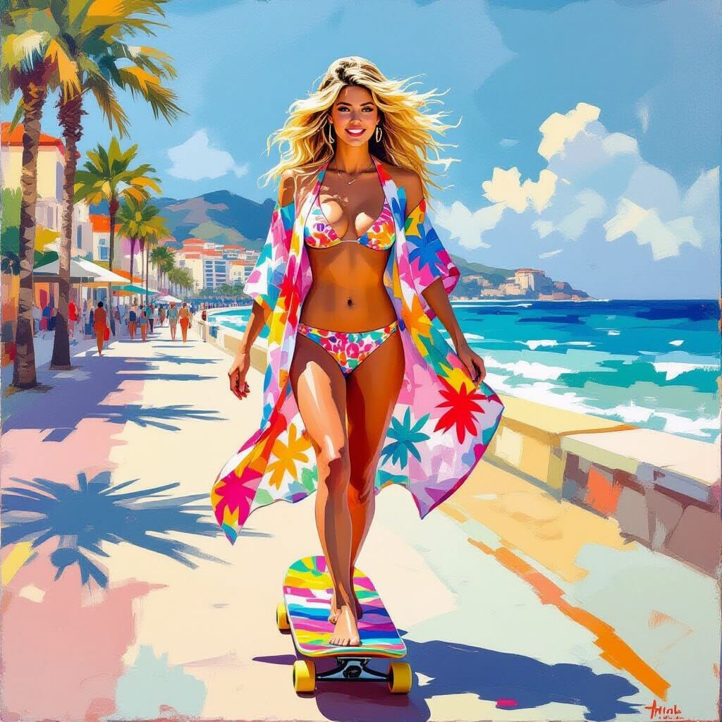 Shakira Rides Skateboard in Hockney Style