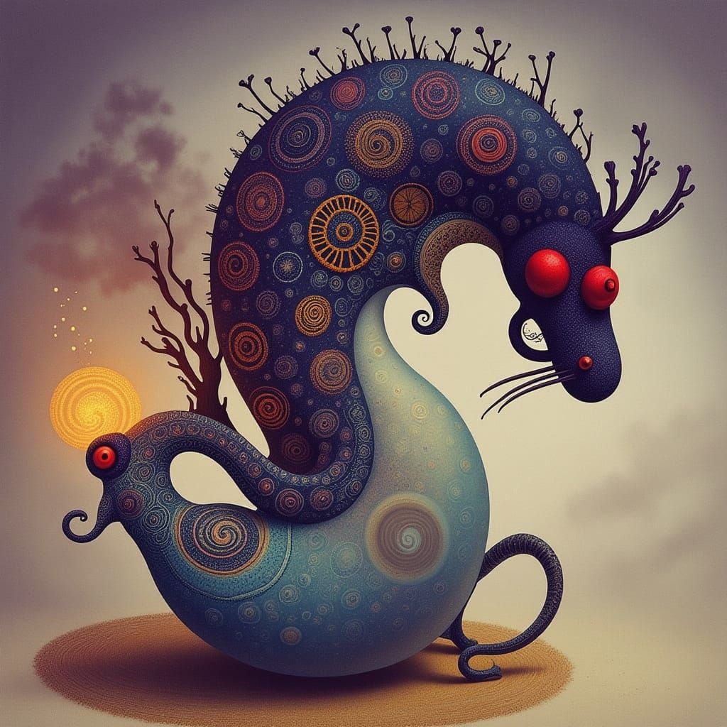 Surreal Monster Emerges in Fantasy Landscape