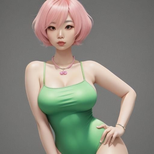 Cute Cartoon Asian Girl in Pastel Pink