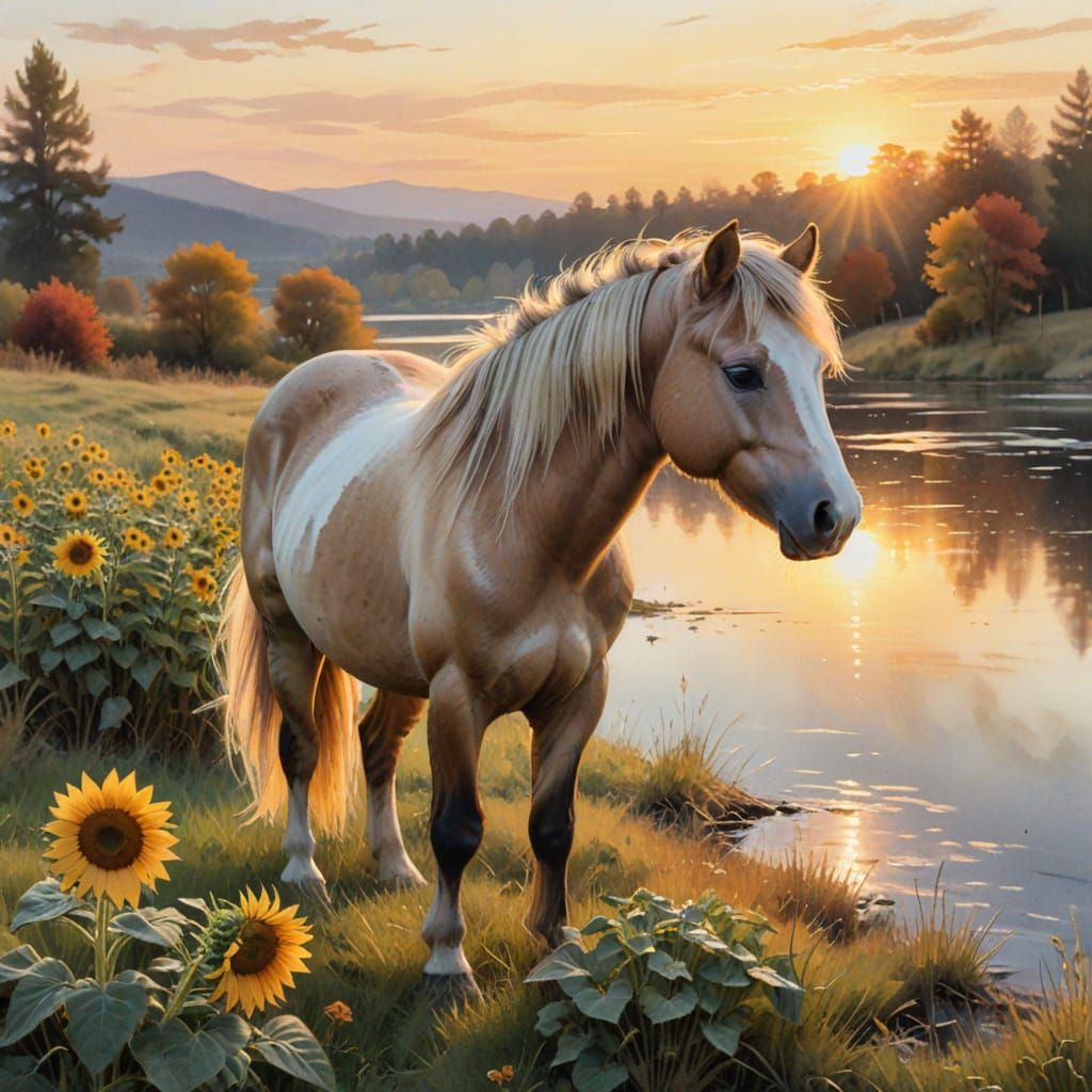 Pony Watches Autumn Sunrise in Gentle Ink Wash Style