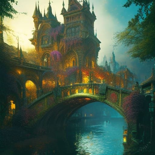Medieval French Bridge at Night, Fantasycore Art