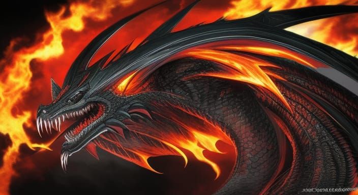 Black Dragon in Fiery Lair: Dark Fantasy Art
