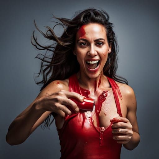 Hyperrealistic Latin Woman Covered in Ketchup