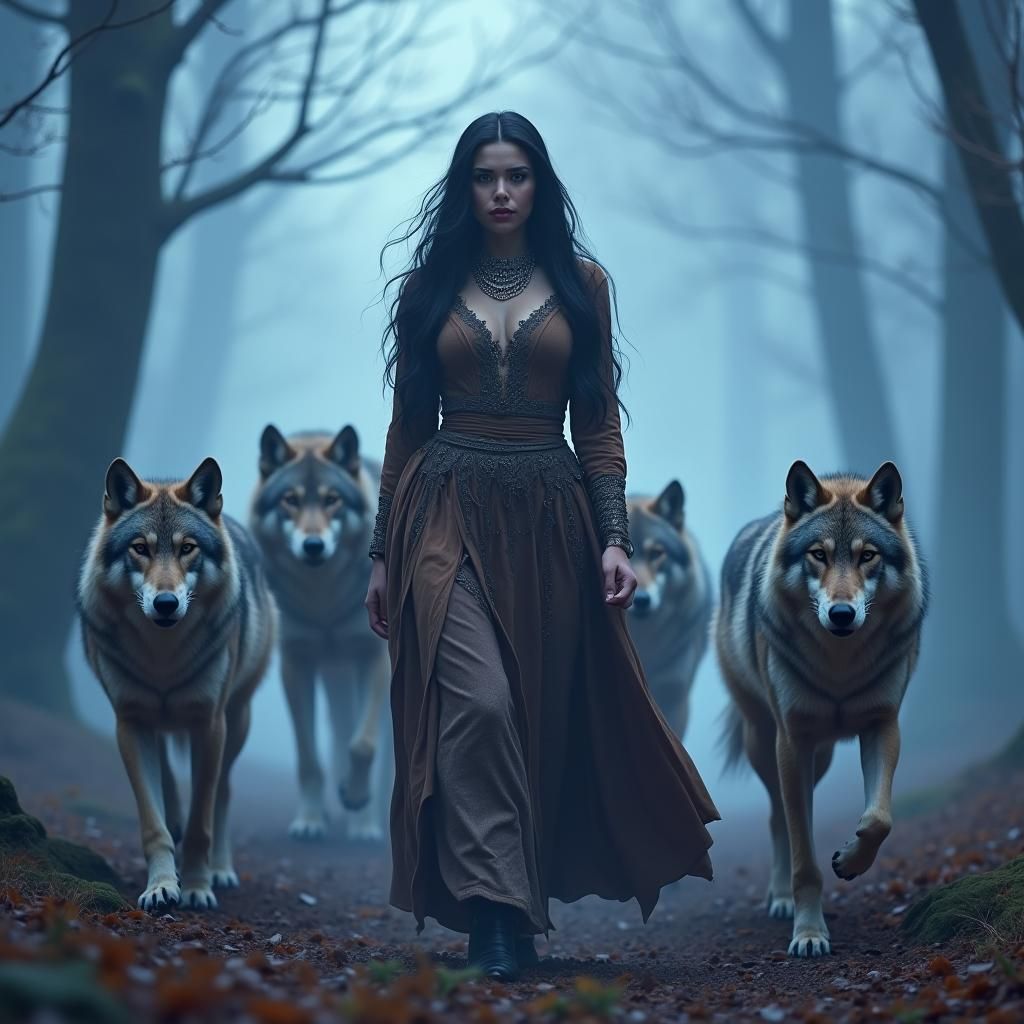 Woman with Wolves in Mystical Forest Landscape