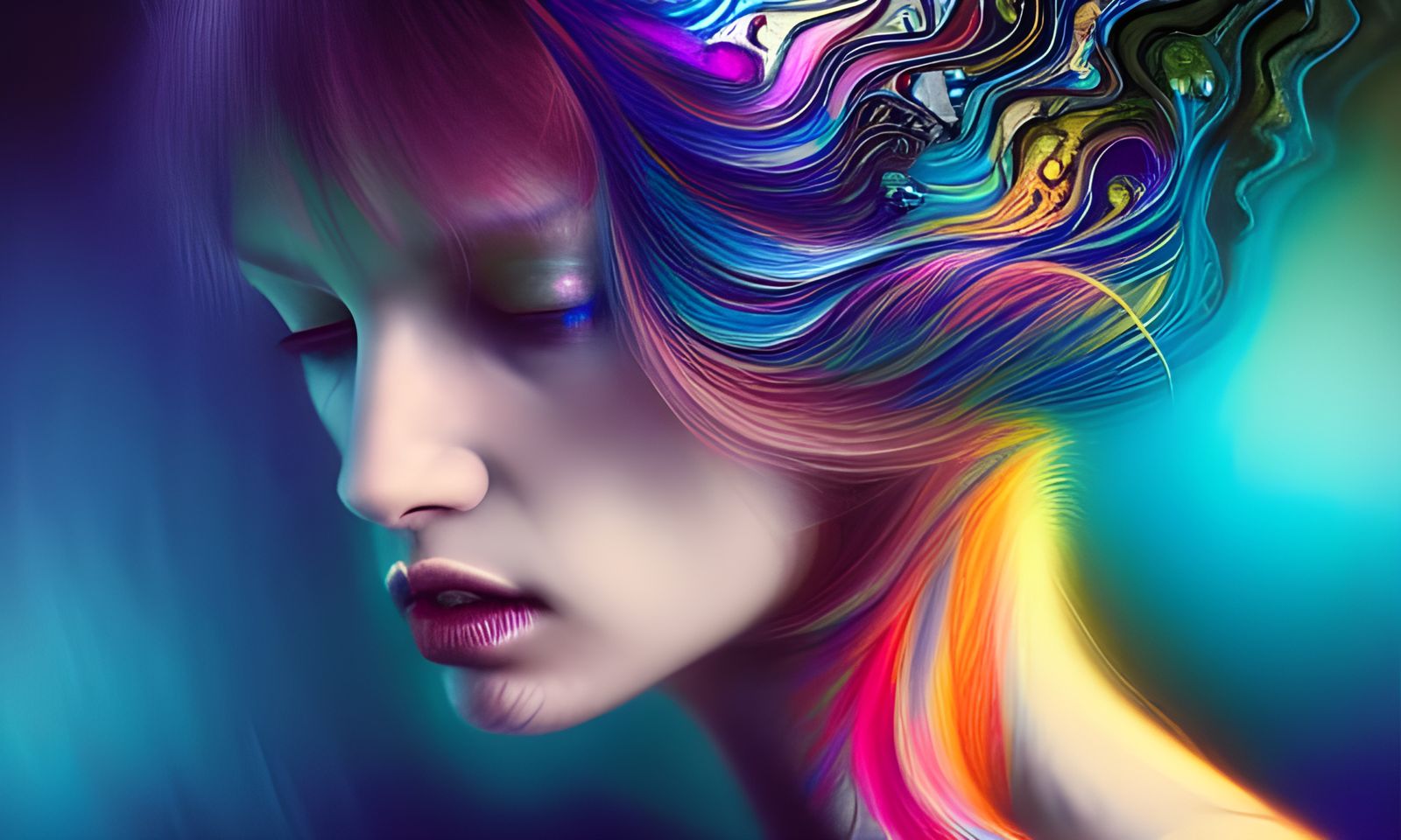 Iridescent Fractal Hair Portrait in Hyperdetailed Style