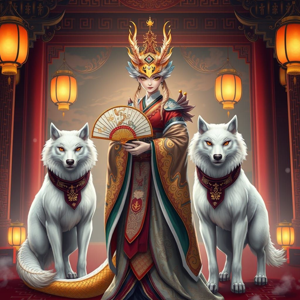 Japanese Empress with Majestic Wolves in Imperial Court