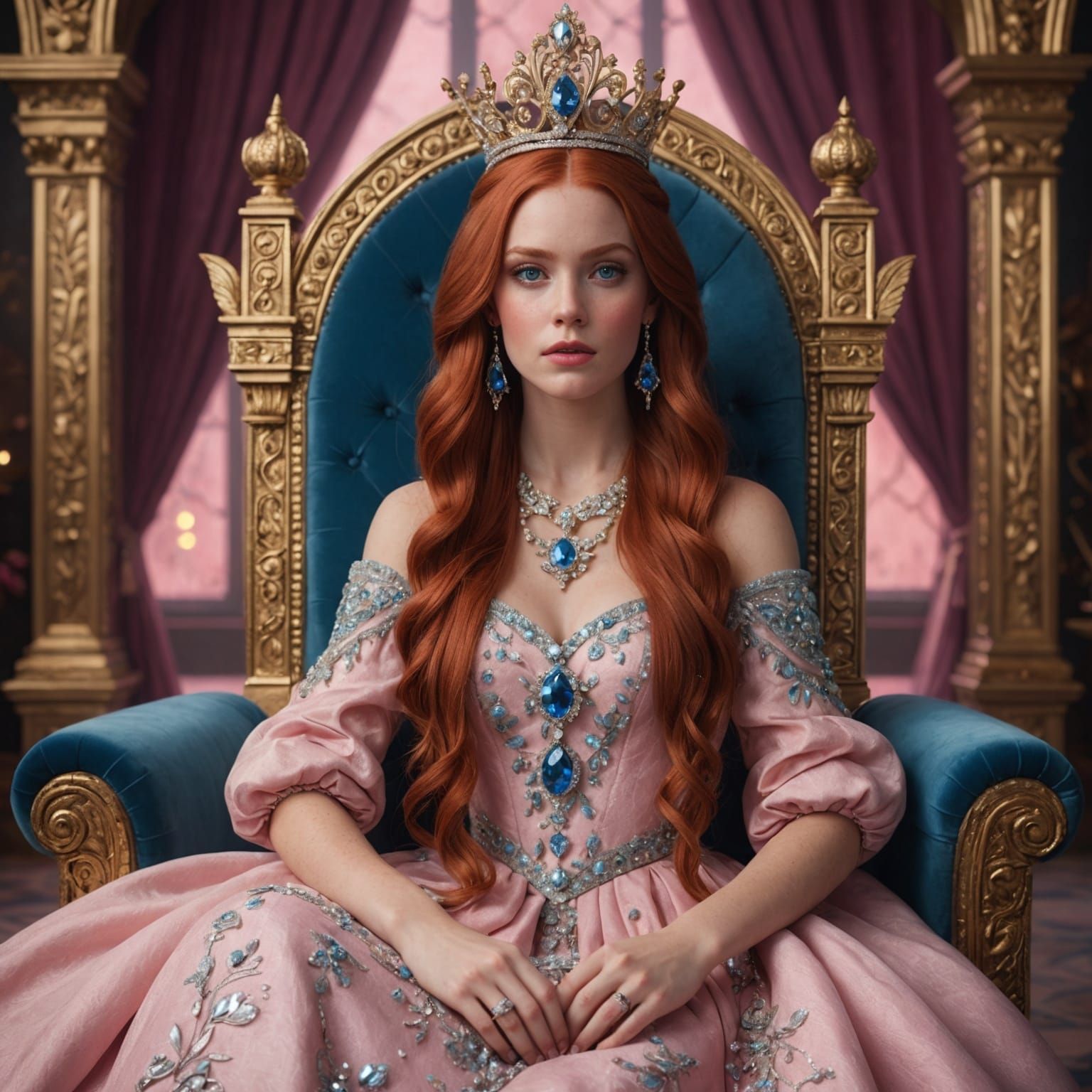 Princess with Red Hair on Pink Throne