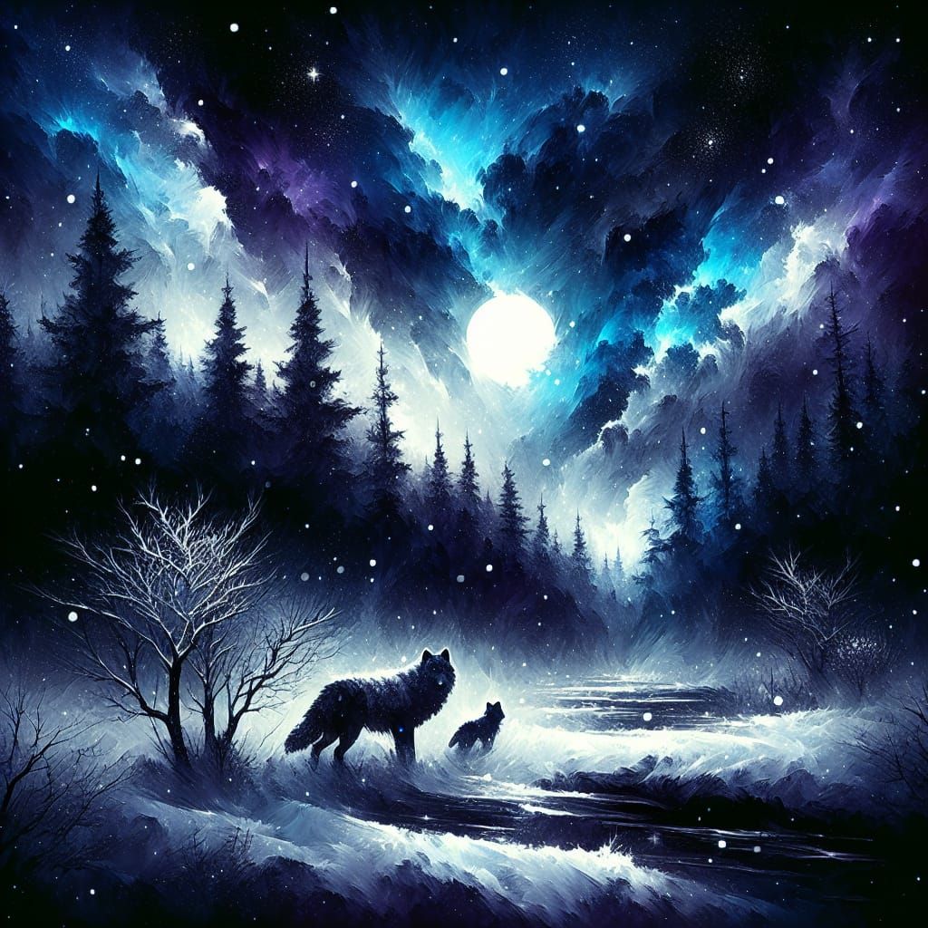 Wolves in Winter Forest: Minimalist Watercolor Ink Art