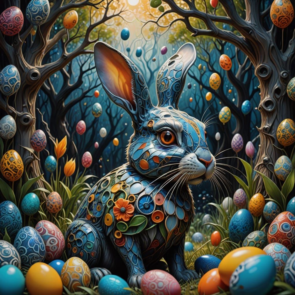 Dreamlike Easter Landscape with Whimsical Bunny