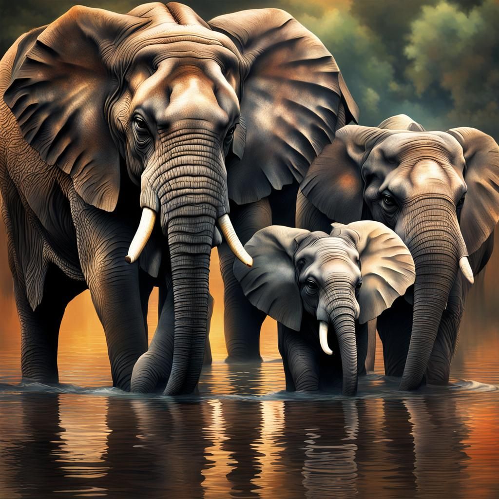 Elephants Drinking: Hyperrealistic Splash Art Reflections