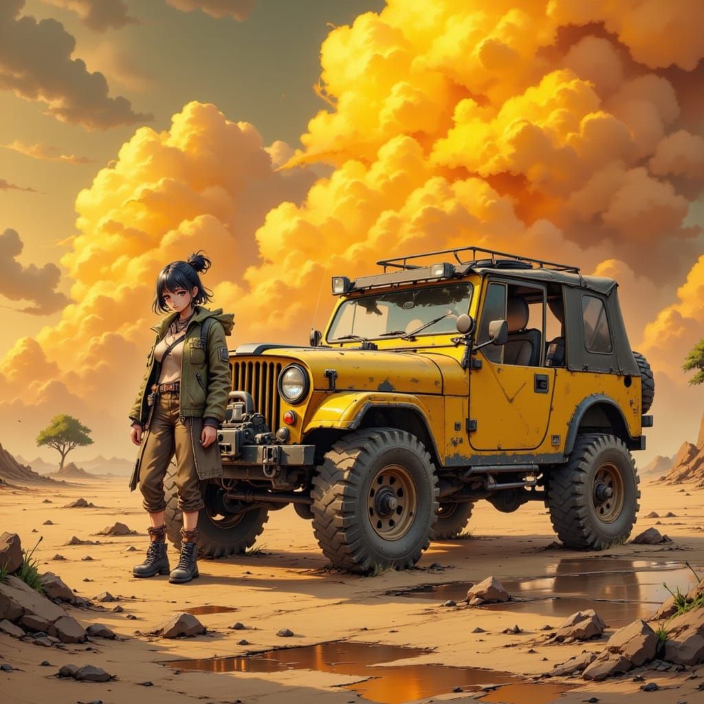 Adventurer and Jeep in Barren Desert Landscape