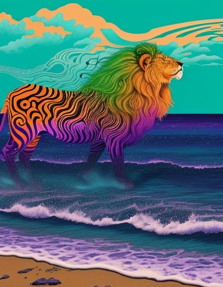 Surreal Lion Profile on Alien Beach in Triadic Colors