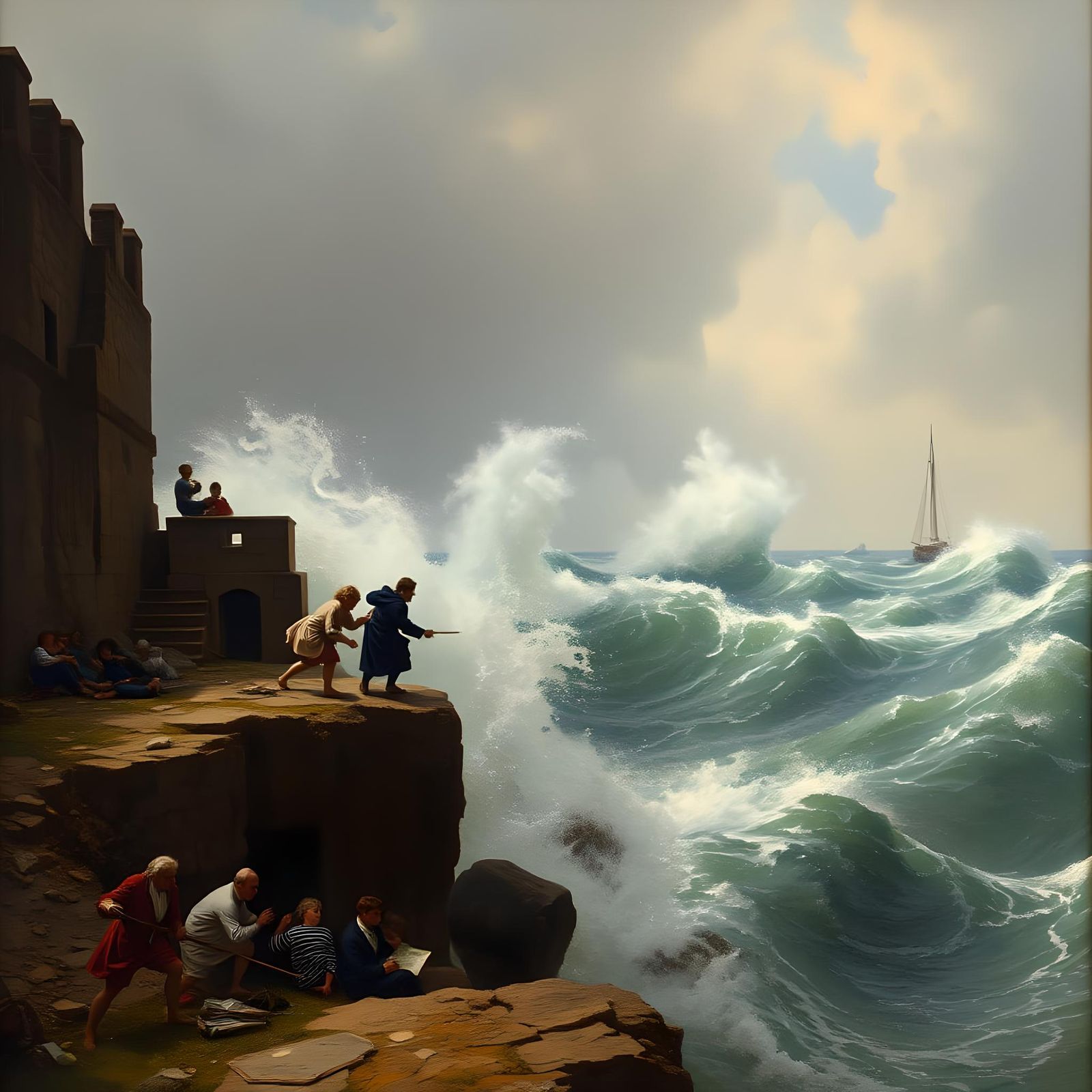 People Against Stormy Sea in Maritime Painting Style