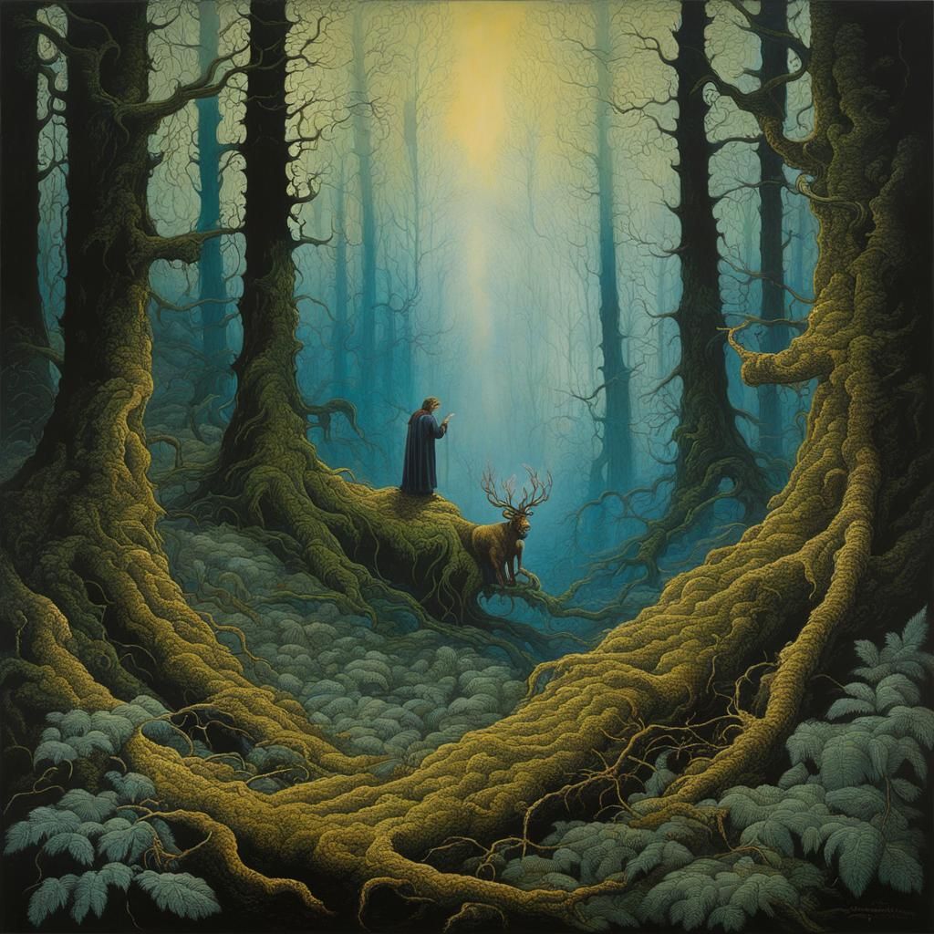 Stylized Forest Scene with Worms as Oil Painting
