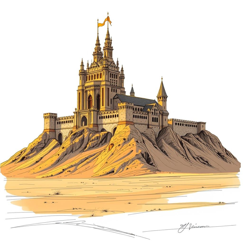 Majestic Castle at Golden Hour Overlooking Desert