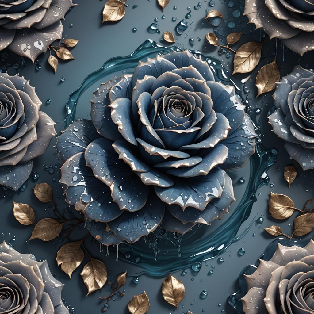 Indigo Rose with Water Droplets, Detailed Digital Art
