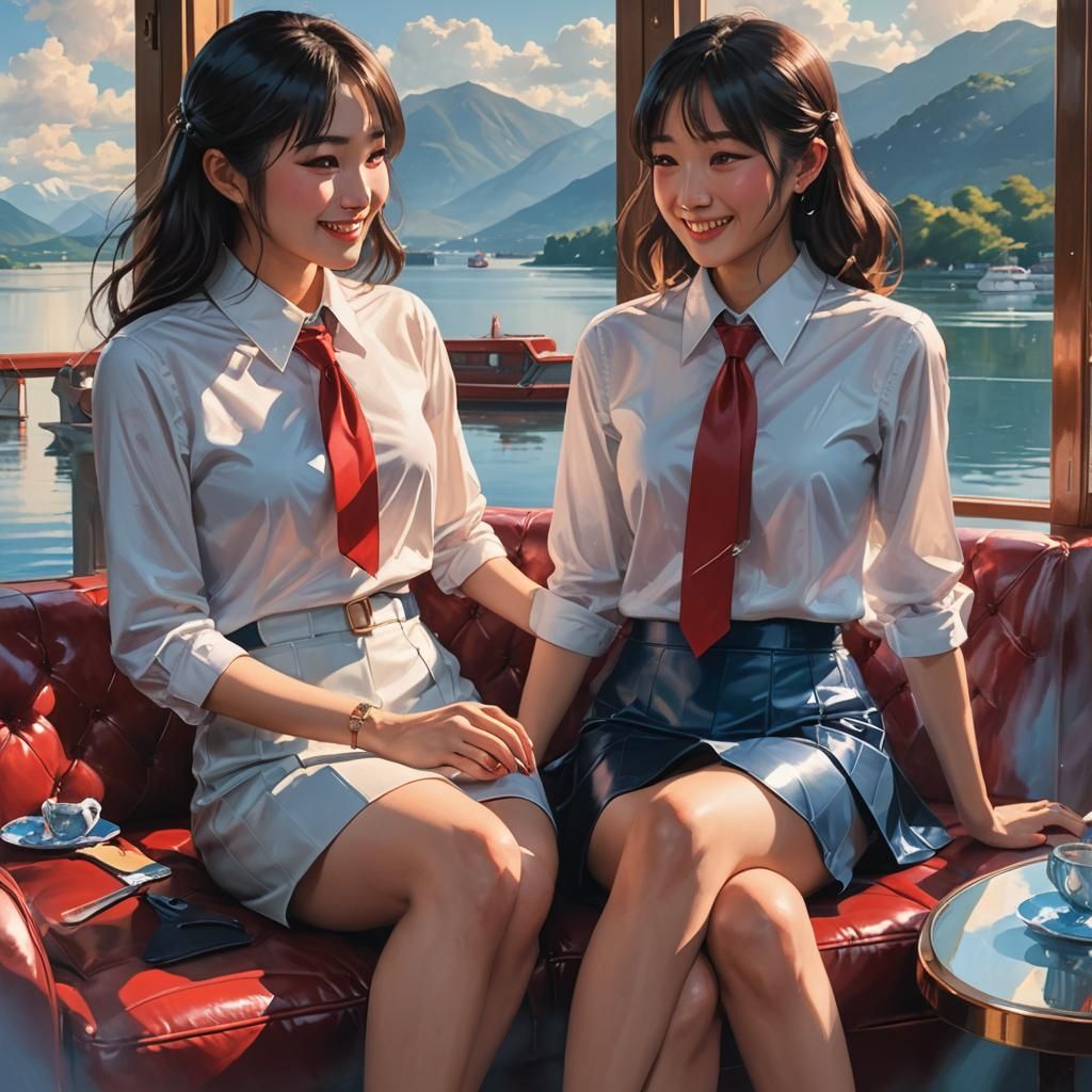 Japanese Girls on Sofa, Hyperrealistic Concept Art