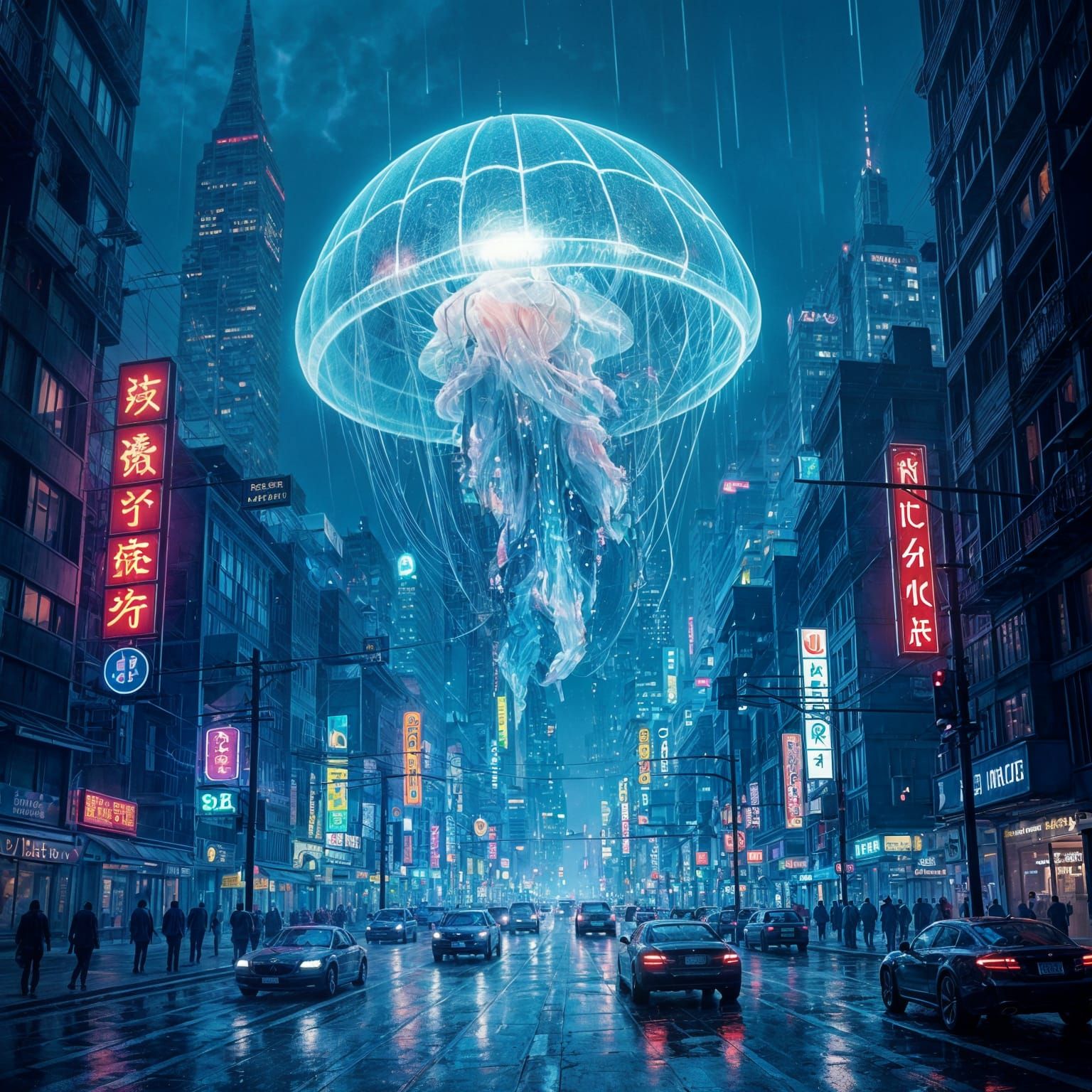 Bioluminescent Jellyfish Over Cyberpunk Cityscape