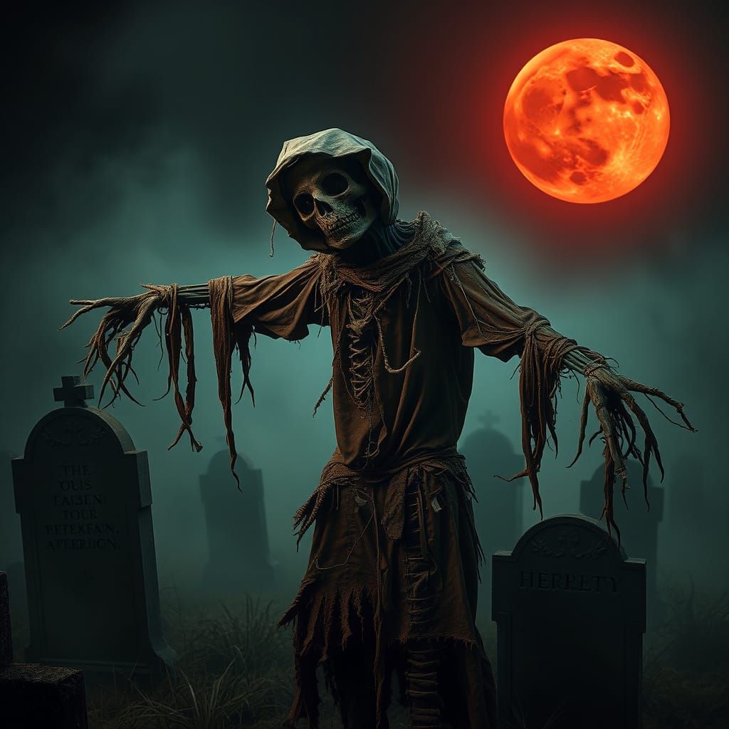 Grotesque Scarecrow Under Blood-Red Moon in Haunting Gothic ...