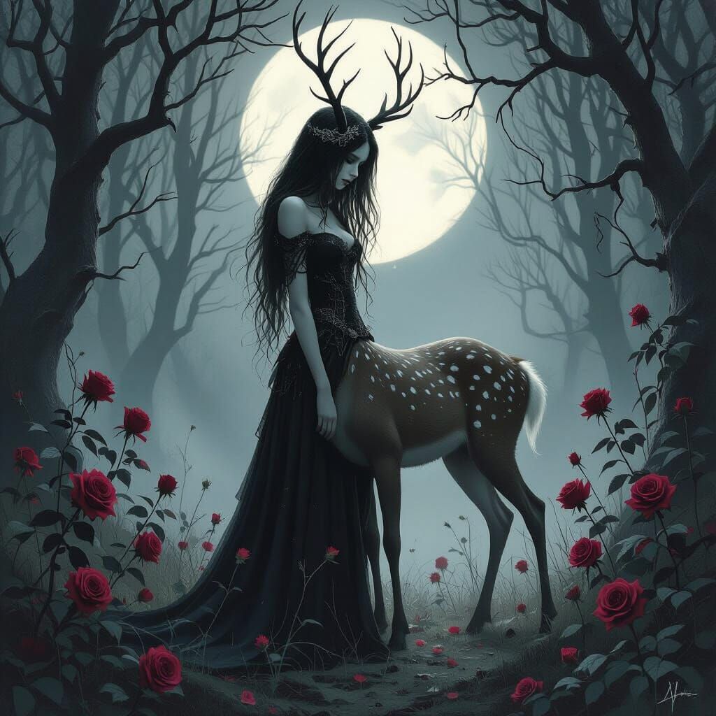 Emo Deer Girl in Moonlit Gothic Forest