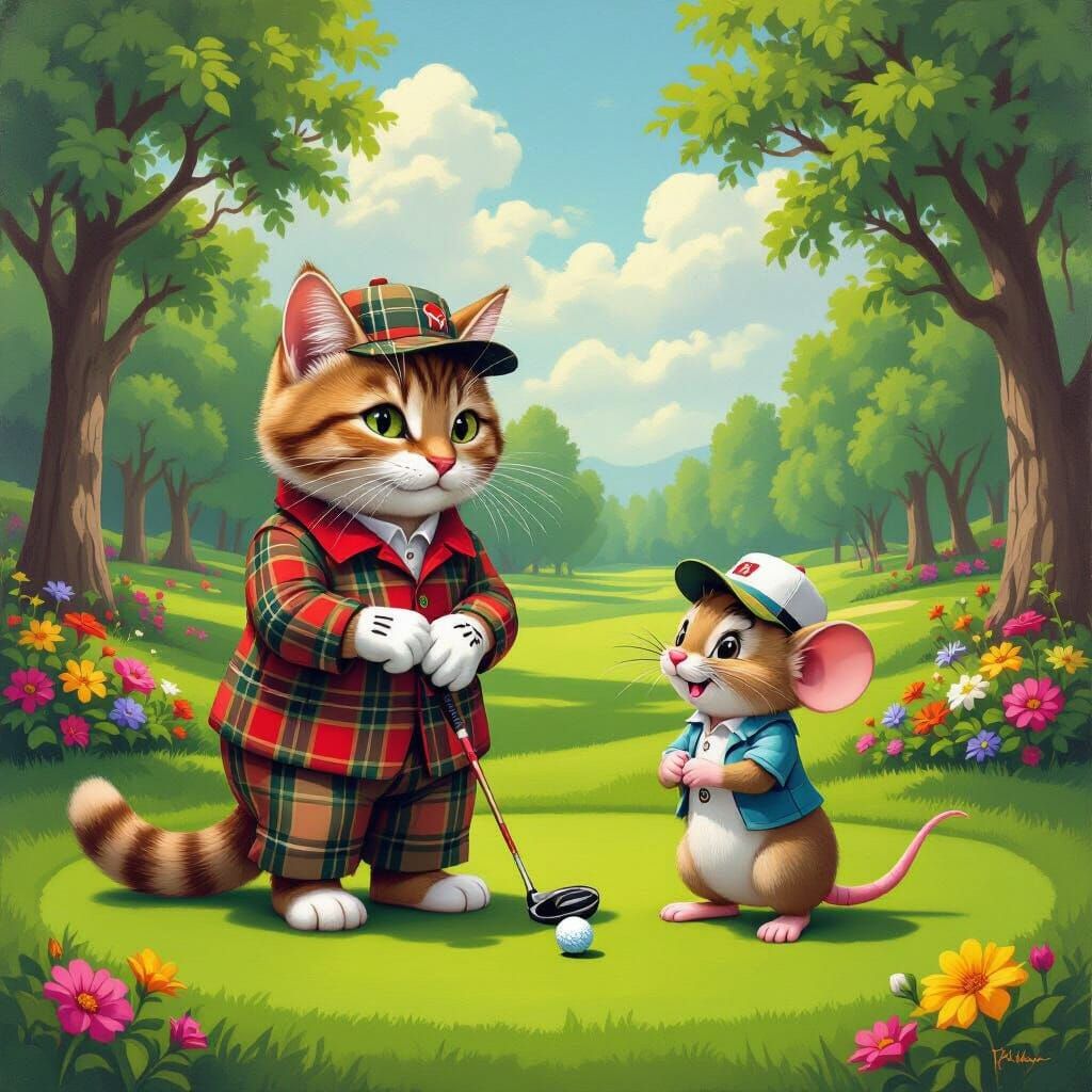 Sophisticated Cat and Mouse Play Golf Together